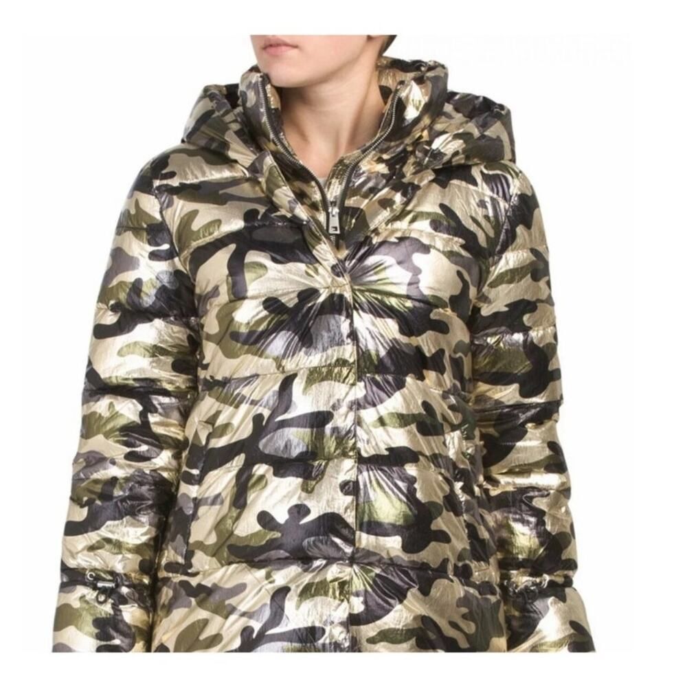 Betsey Johnson Sz S Metallic Gold Camouflage Puffer Coat w Hood Y2K Drama Indie